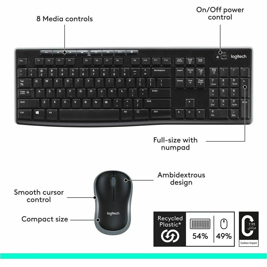Logitech 920-004536 Keyboard Mouse Wireless Combo MK270 2.4GHz Black Retail