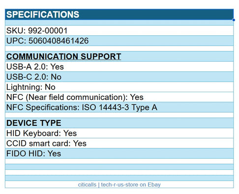 Yubico Yubikey 992-00001 Security Key 5A NFC FIPS Multi Factor FIDO U2F USB-A
