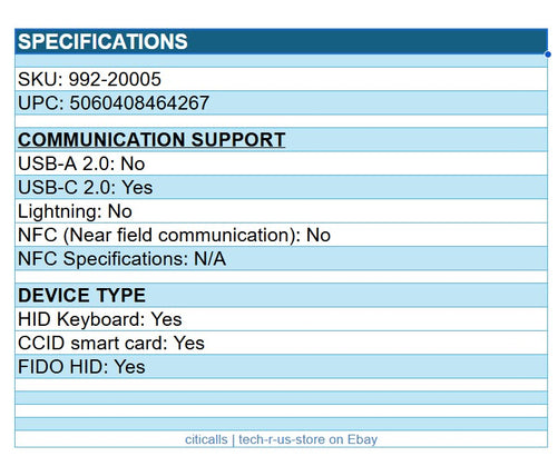 Yubico Yubikey 992-20005 Security Key 5C FIPS Multi Factor FIDO U2F NFC USB-C
