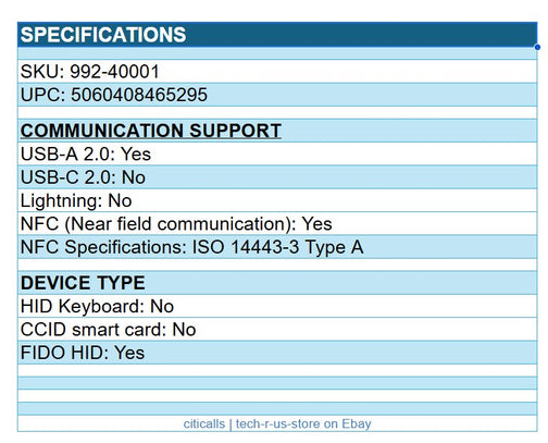 Yubico Yubikey 992-40001 Security Key NFC 2 Factor Authentication FIDO U2F USB-A