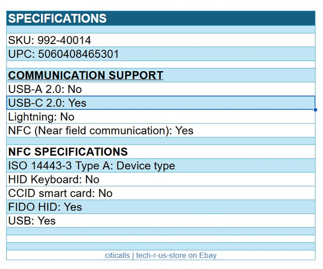 Yubico Yubikey 992-40014 Security Key C NFC FIDO2 WebAuthn U2F FIDO Only USB-C