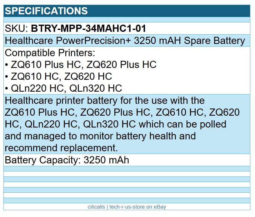 Zebra BTRY-MPP-34MAHC1-01 Healthcare Spare Smart Battery 3250 mAH - For Mobile