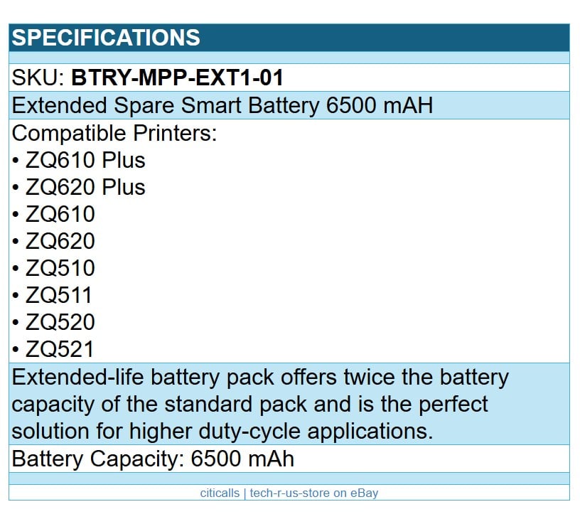 Zebra BTRY-MPP-EXT1-01 Battery for POS Printer, Scanner, Mobile Printer 6500 mAh