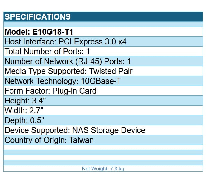 Synology E10G18-T1 10Gb Ethernet Adapter 1xRJ45 port PCIE Retail