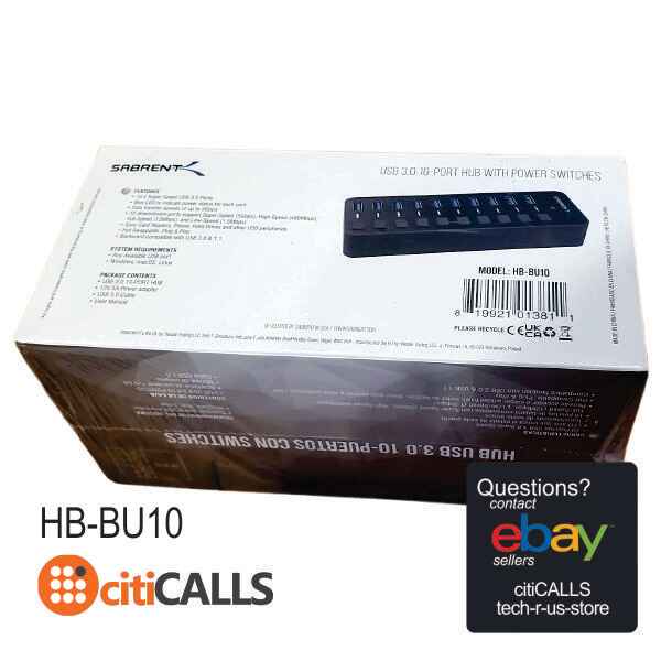 Sabrent HB-BU10 10 Ports USB 3.0 HUB w Individual Switches & LEDS PC Windows MAC