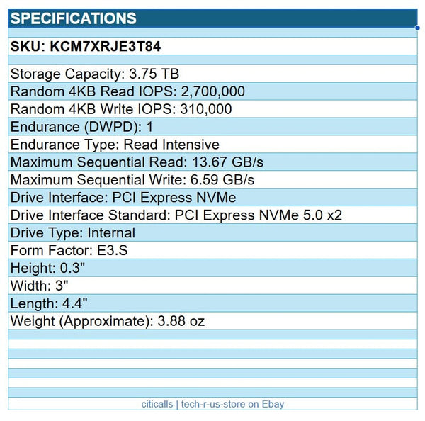 KIOXIA KCM7XRJE3T84 CM7-R 3.75TB SSD NVMe 5.0x2 Read Intensive Solid State Drive