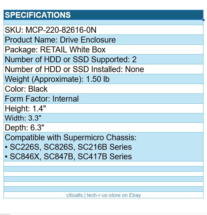 Supermicro MCP-220-82616-0N Drive Enclosure for 2.5" Internal - Black