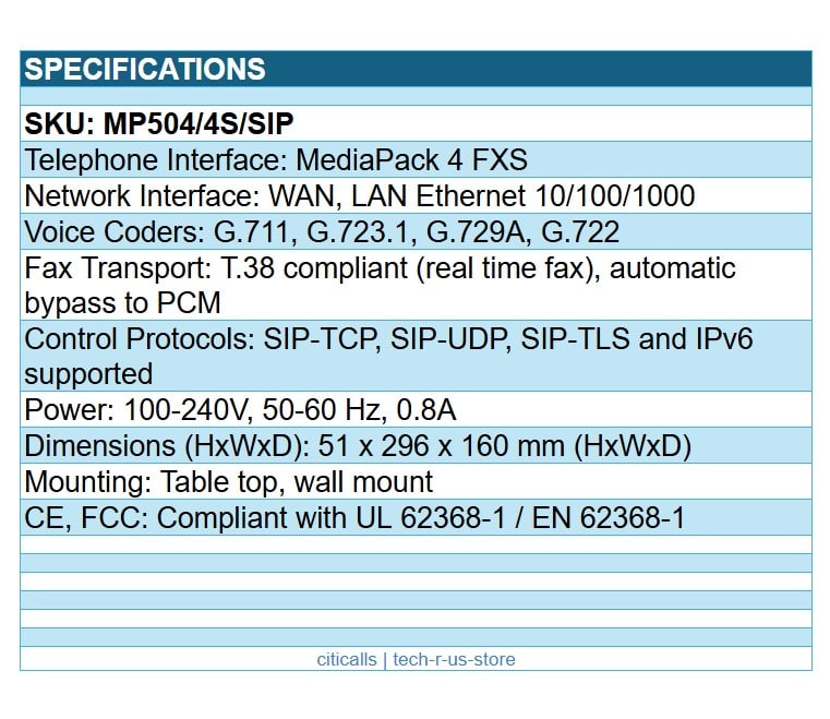 Audiocodes MP504/4S/SIP MediaPack 5xx analog VoIP gateway with 4 FXS SIP