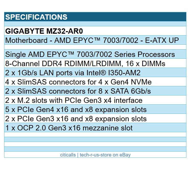 Gigabyte MZ32-AR0 Motherboard - AMD EPYC 7002 Socket SP3 DDR4 64G 128G SATA PCIE
