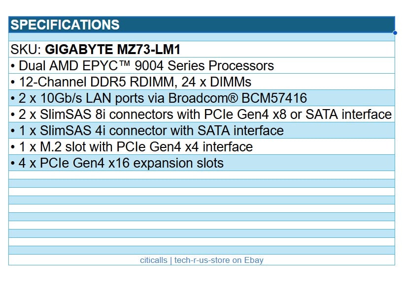 Gigabyte MZ73-LM1 Motherboard - SoC AMD EPYC9004 LGA6096 Max128GB DDR5 E-ATX