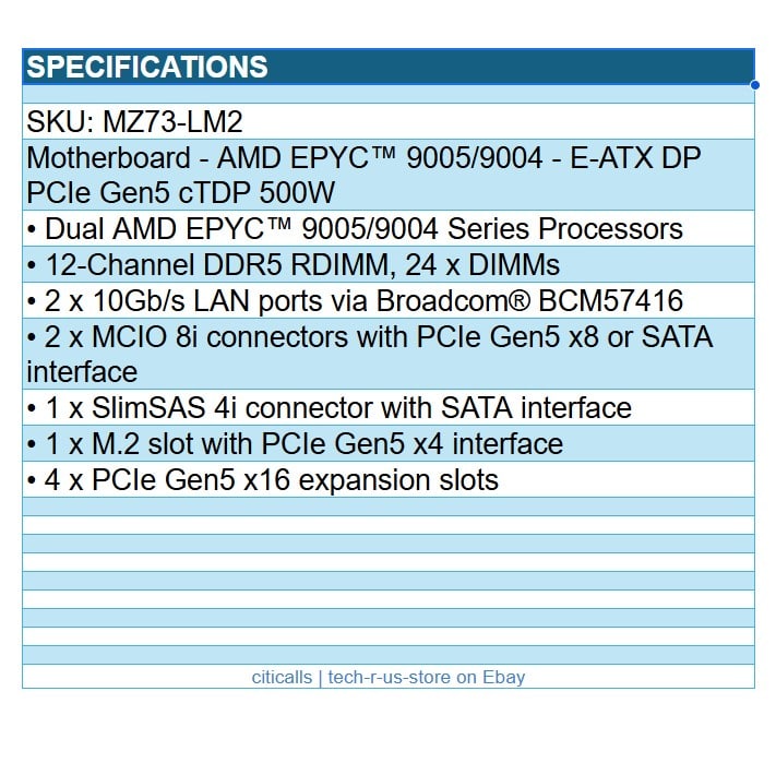 Gigabyte MZ73-LM2 Motherboard - SoC LGA6096 Socket SP5 DDR5 E-ATX Brown Box