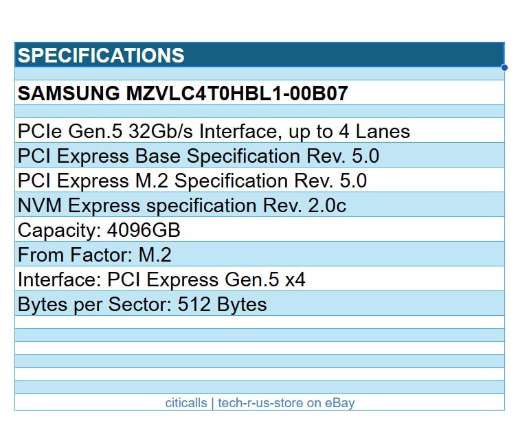 Samsung MZVLC4T0HBL1-00B07 PM9E1 4096GB M.2 PCI Express Gen.5 x4 SSD