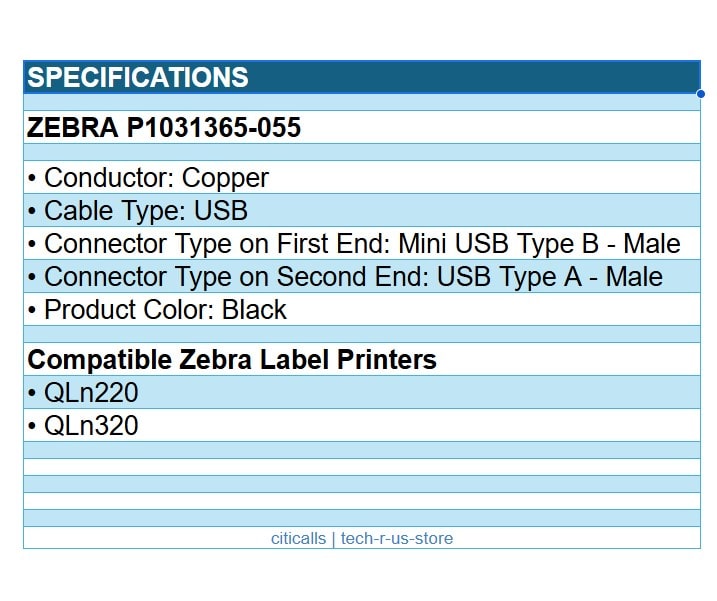 Zebra P1031365-055 6Ft USB Cable for ZQ610 ZQ620 ZQ630 QLn220 QLn320 QLn420
