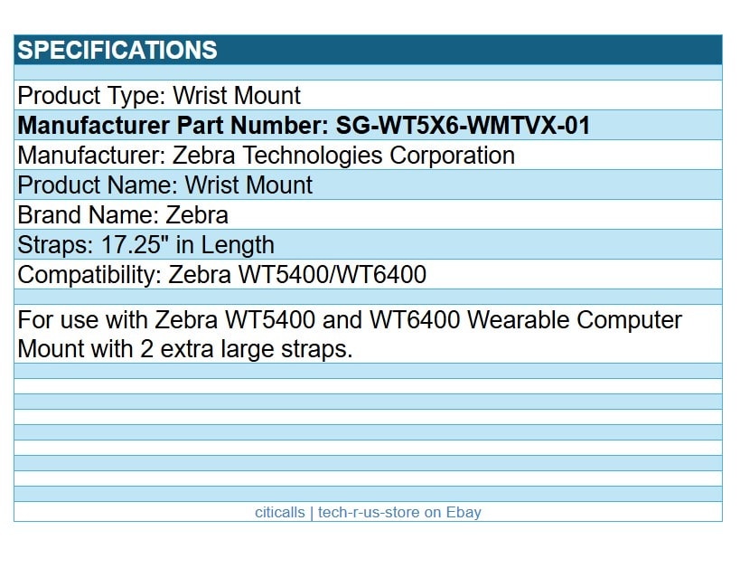 Zebra SG-WT5X6-WMTVX-01 Wrist Mount WT5400 WT6400 w 2 VEL CRO Strap XLarge Black