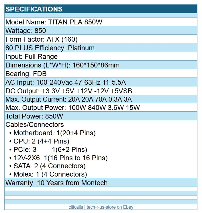 Montech TITANPLA850WW TITAN PLA 850W High-End ATX Gaming Power Supply - 80 Plus