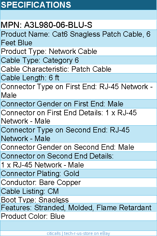 Belkin A3L980-06-BLU-S Cat. 6 UTP Patch Cable - RJ-45 Male - 6ft - Blue