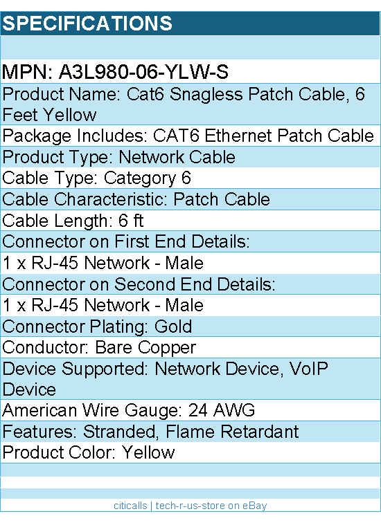 Belkin A3L980-06-YLW-S Cat6 Snagless Patch Cable, 6ft - Yellow