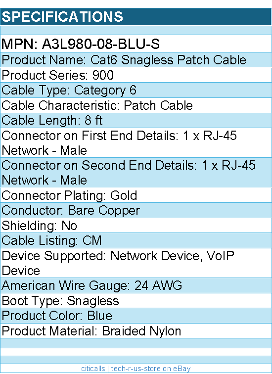 Belkin A3L980-08-BLU-S Cat 6 Patch Cable Blue - RJ-45 Male - 8ft - Stranded