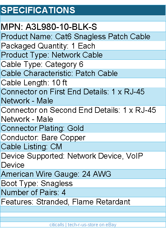 Belkin A3L980-10-BLK-S CAT6 Patch Snagless Black Cable - RJ-45 Male - 10ft
