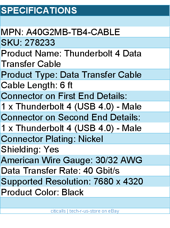 StarTech A40G2MB-TB4-CABLE 6ft (2m) Active Thunderbolt 4 Cable - Black