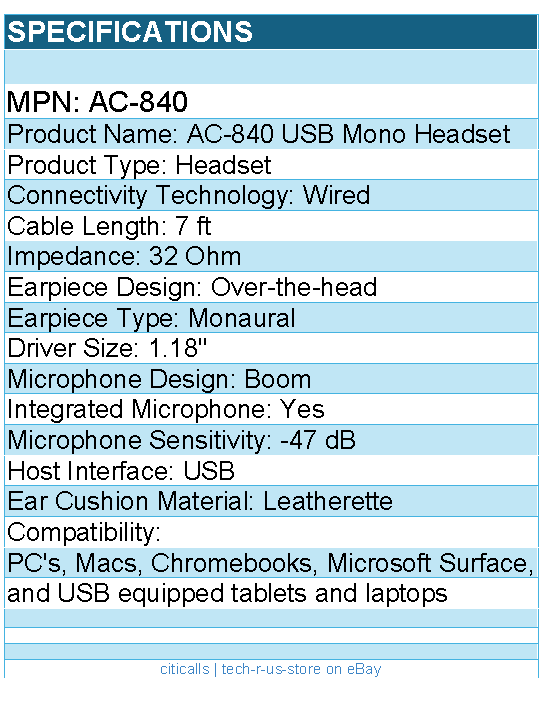 Cyber Acoustics AC-840 Usb Mono Headset Internet Communication & Boom Mic - 7 ft