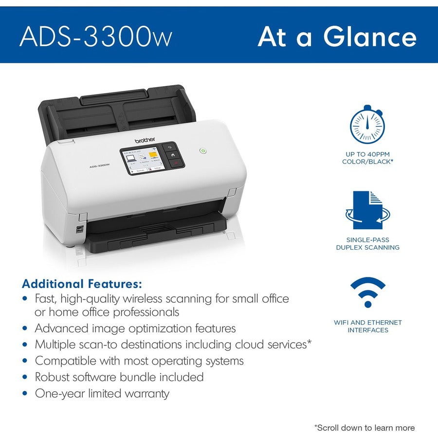 Brother ADS3300W Wireless High-Speed Desktop Scanner - 48-bit Color