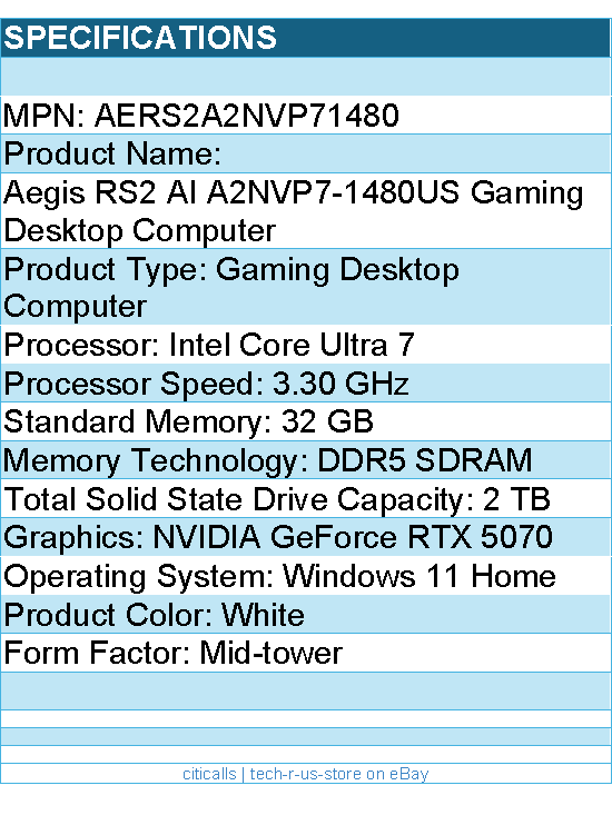 MSI AERS2A2NVP71480 Aegis RS2 Gaming PC -Intel Core Ultra 7 265K Nvidia RTX 5070