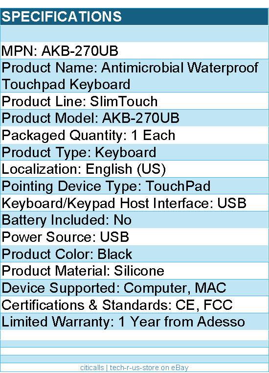 Adesso AKB-270UB Antimicrobial Waterproof Touchpad Keyboard - Black