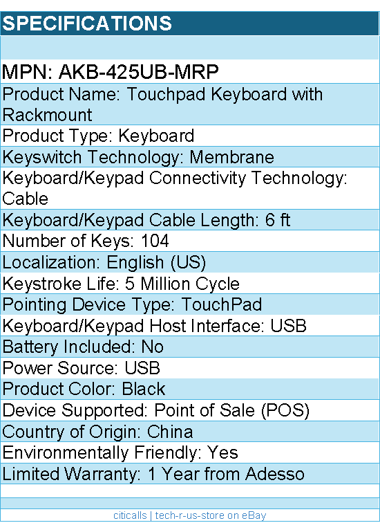 Adesso AKB-425UB-MRP Touchpad Keyboard with Rackmount - USB - 104 Key(s)