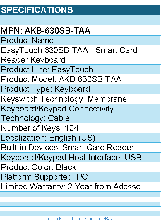 Adesso AKB-630SB-TAA EasyTouch 630SB-TAA - Smart Card Reader Keyboard