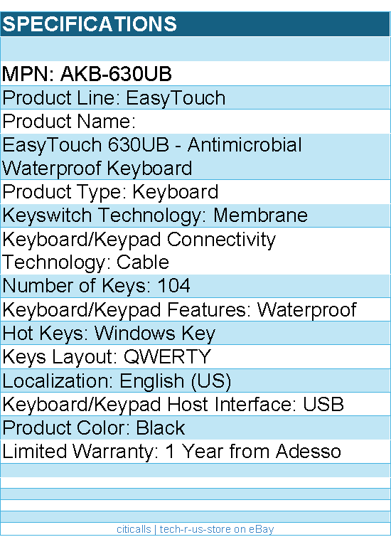 Adesso AKB-630UB EasyTouch 630UB - Antimicrobial Waterproof Keyboard