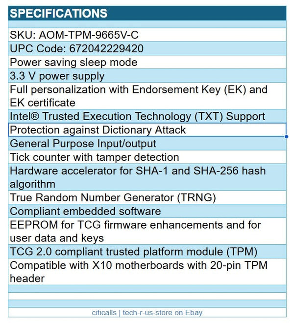 Supermicro AOM-TPM-9665V-C 3.3V Power EK Certificate for X10 20-Pin TPM Header