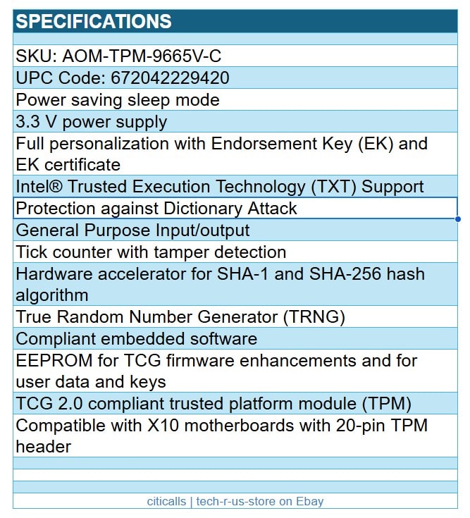 Supermicro AOM-TPM-9665V-C 3.3V Power EK Certificate for X10 20-Pin TPM Header
