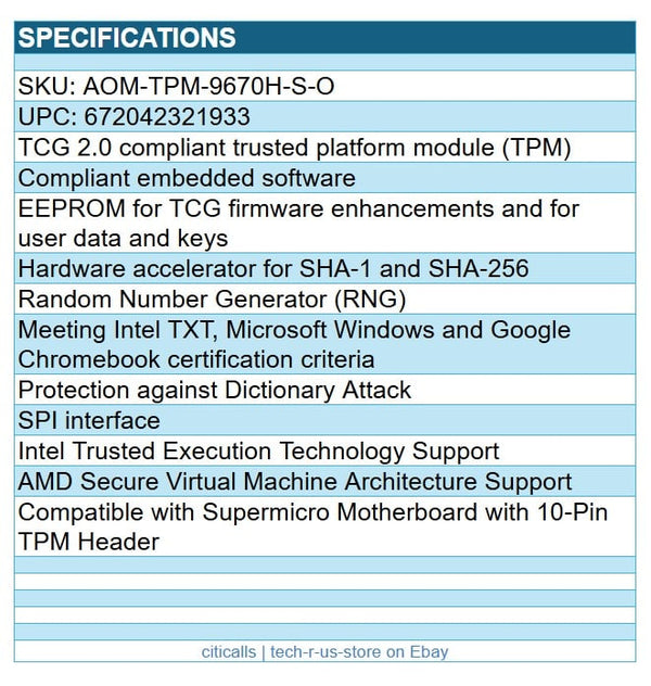 Supermicro AOM-TPM-9670H-O SPI Capable Horizontal 10-Pin TPM 2.0 Module Retail