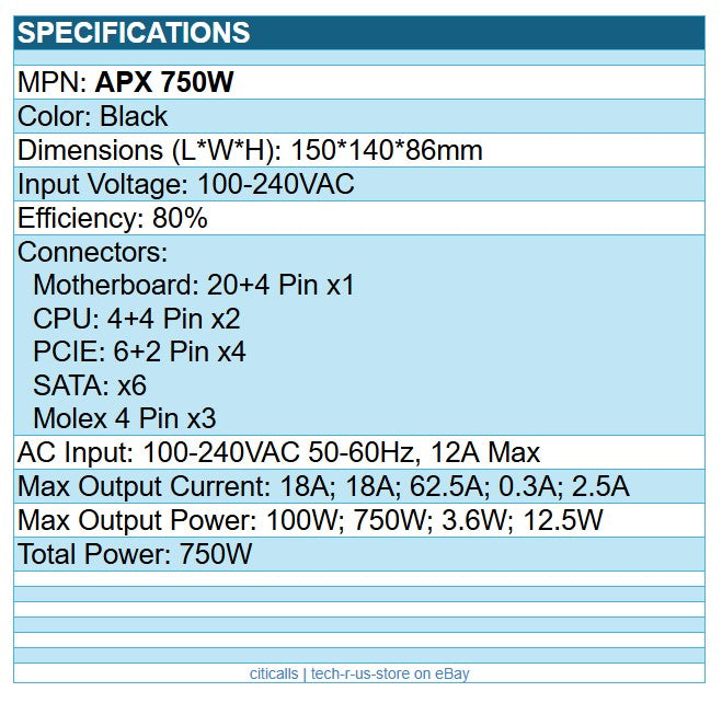 Montech APX 750W ATX12V 80 Plus Power Supply 100-240VAC SATA PCIE 6+2 PIN 20+4