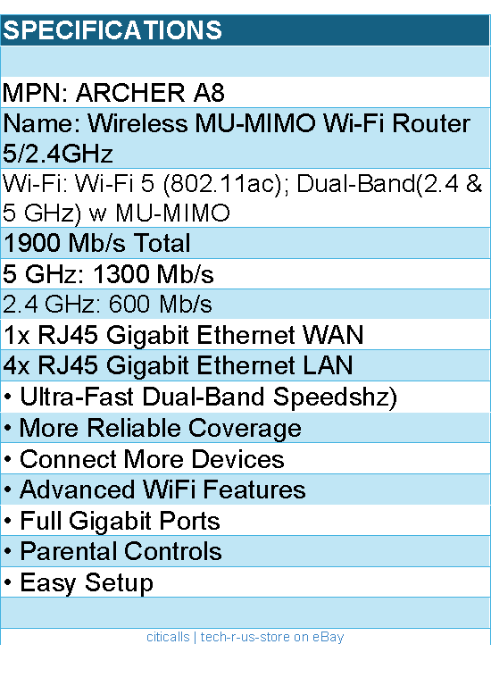 TP-Link Archer A8 AC1900 Wireless MU-MIMO Wi-Fi Router 5 2.4GHz Retail
