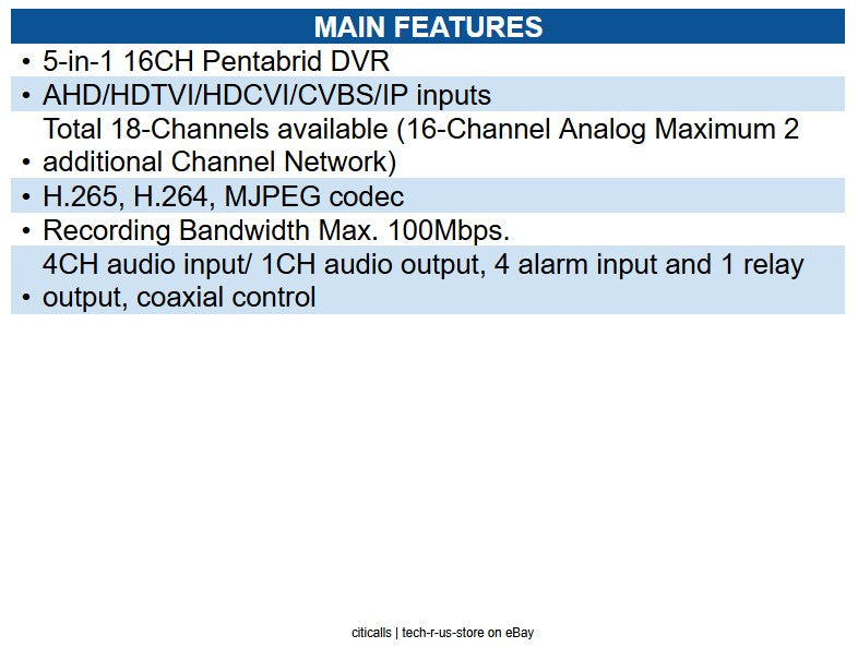 Hanwha ARD-1610 A-Series 16CH DVR, AHD / TVI / CVI up to 5MP (Half), CVBS (NTSC/