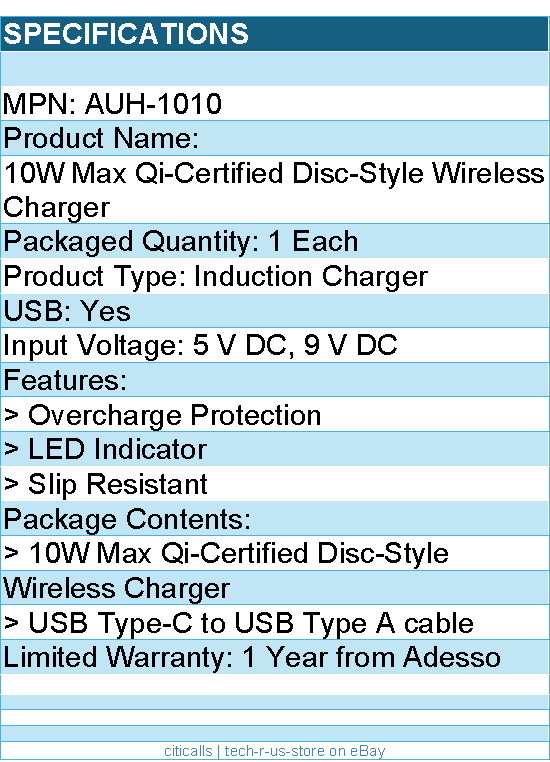 Adesso AUH-1010 10W Max Qi-Certified Disc-Style Wireless Charger