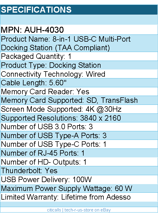 Adesso AUH-4030 8-in-1 USB-C Multi-Port Docking Station (TAA Compliant)