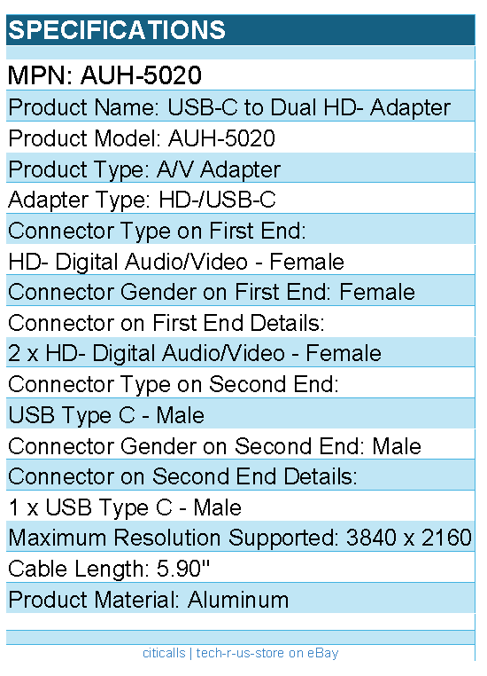 Adesso AUH-5020 USB-C to Dual Video Adapter - 3840 x 2160 Supported