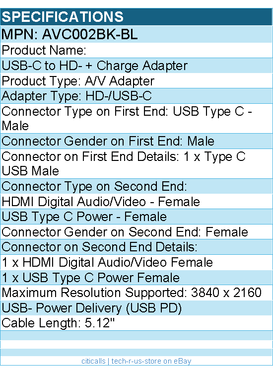 Belkin AVC002BK-BL USB-C to Video Adapter + Charging port up to 60W Power