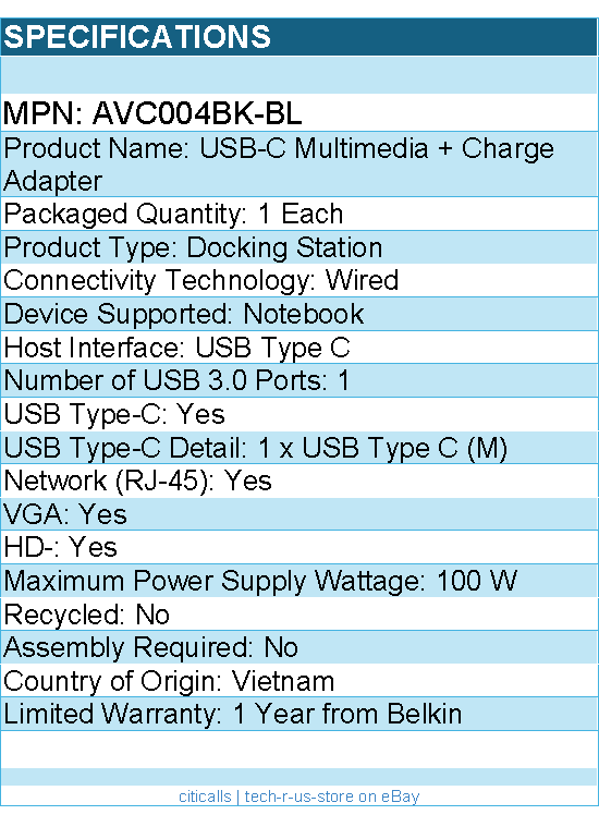 Belkin AVC004BK-BL USB-C Multiport Adapter, USB-C to Video - USB A 3.0