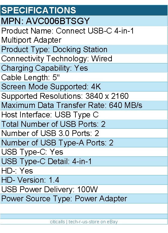 Belkin AVC006btSGY USB-C 4-in-1 Multiport Adapter, Laptop Docking Station