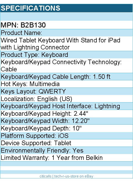 Belkin B2B130 Wired Tablet Keyboard With Stand for iPad with Lightning Connector