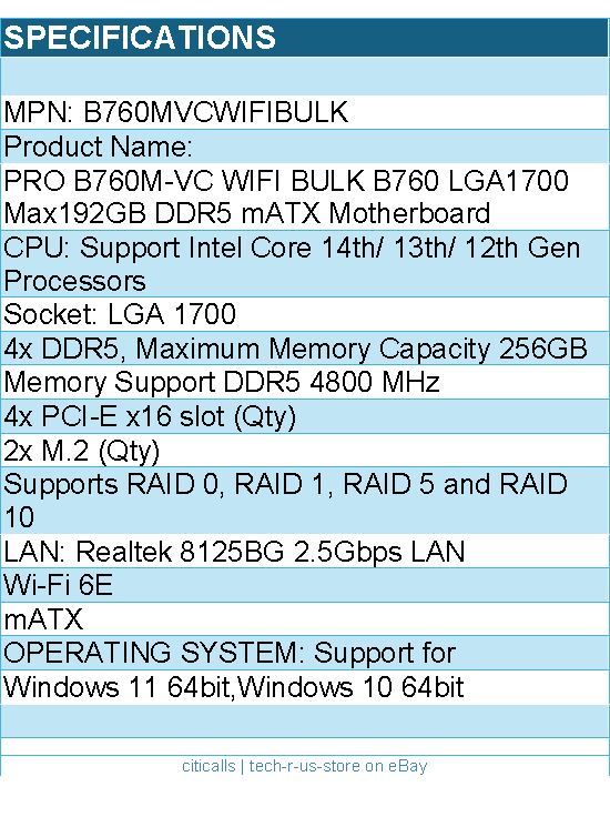 MSI B760MVCWIFIBULK B760 LGA1700 Max192GB DDR5 mATX Motherboard