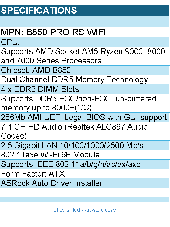 ASRock B850 Pro RS WiFi Motherboard - AMD B850 AM5 Max256GB DDR5 ATX Retail