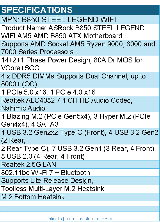 ASRock B850 Steel Legend WiFi Motherboard - B850 AM5 Max256GB DDR5 ATX Retail
