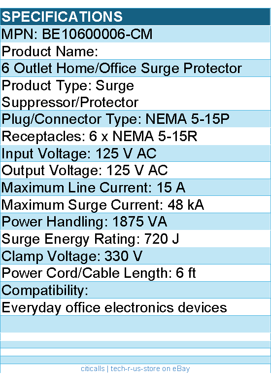 Belkin BE10600006-CM 6 Outlet Power Strip Surge Protector with 6ft Power Cord