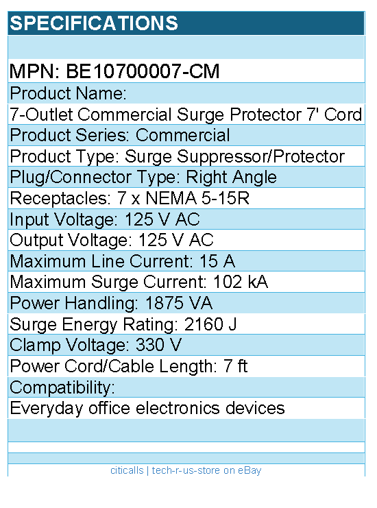 Belkin BE10700007-CM 7-Outlet Commercial Surge Protector, 7 ft Cord