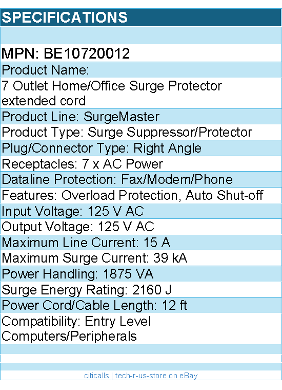 Belkin BE10720012 7-Outlet Surge Protector - 12ft Cord - Right Angle Plug